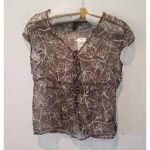 New Colorado Womens XS Sheer Blouse Button Down Front Tie Silk Brown Cap Sleeve